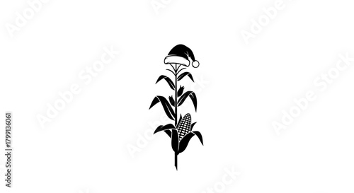 A black and white illustration of a corn stalk wearing a Santa hat, symbolizing a festive harvest.