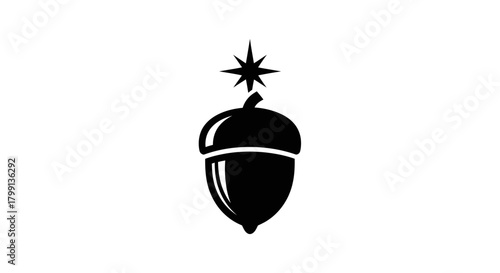 A stylized black icon of an acorn with a starburst on top, set against a white background.