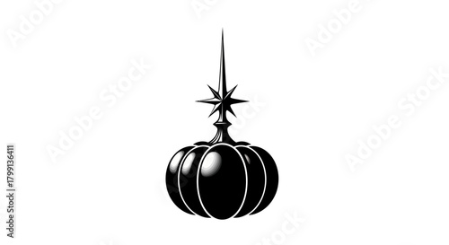 A black and white illustration of a decorative finial atop a building, resembling a starburst atop a pumpkin.