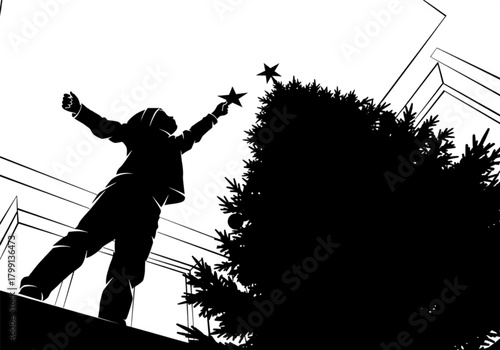Silhouette of a person placing stars on a festive tree.