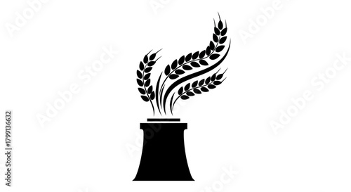 A black and white illustration of a factory chimney emitting wheat stalks, symbolizing agricultural industry.