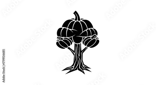 A black and white illustration of a stylized tree with pumpkins growing on its branches.