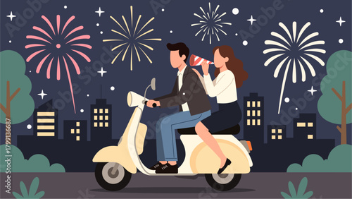 Couple Riding Scooter Celebrating New Year’s Eve with Fireworks