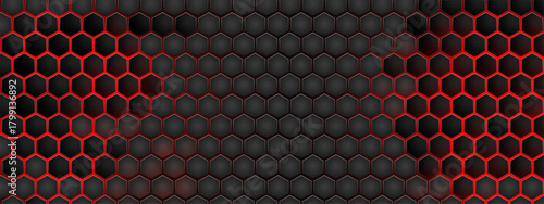 Red hexagon metal backdrop with honeycomb texture on black surface. Cyberpunk pattern displays neon mesh, steel geometric grid with tech architecture elements. Vector structure