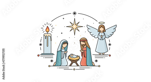 happy Minimalist Christmas Nativity Illustration Featuring Angel, Candle, and Shining Star