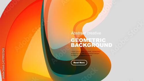 Vibrant abstract shapes overlap, creating dynamic gradient background. Text promotes further exploration. Modern design elements present.