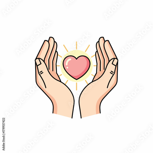 Caring hands gently embrace a glowing pink heart, symbolizing compassion, support, and the essence of love and well-being for humanity