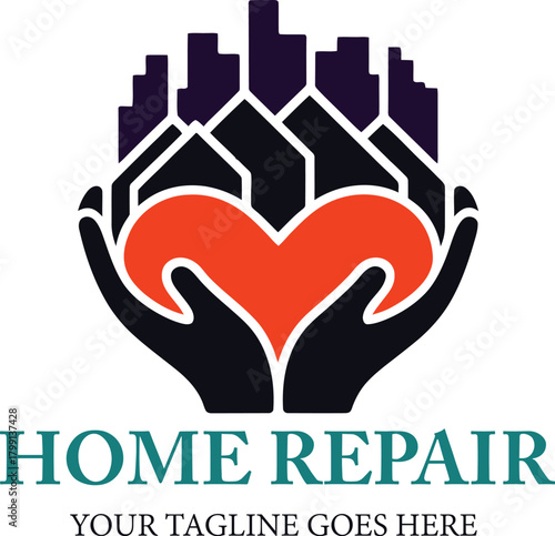 Home repair logo design featuring caring hands and cityscape silhouette