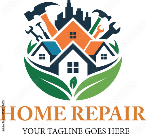 Home Repair Services Vector Logo Design with Houses and Tools