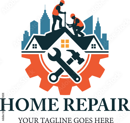 Professional home repair service vector logo with workers and tools