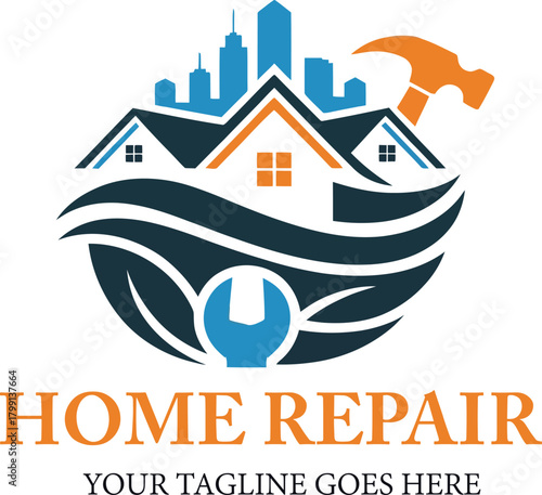 Home repair logo design with city skyline and handyman tools