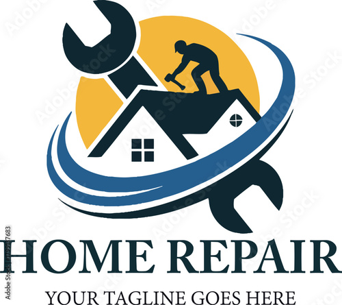 Home Repair Logo Design with Wrench Roofer and Abstract Elements