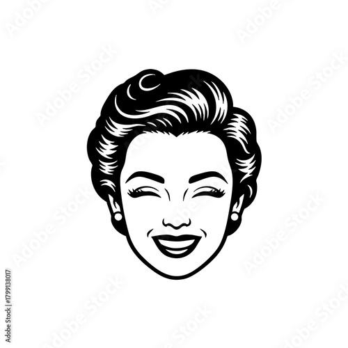 Vintage Woman Smiling Face Black and White Illustration