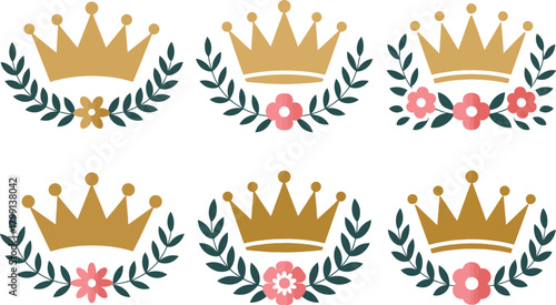 Six golden crowns with laurel wreaths and pink flowers vector