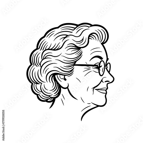 Elderly woman profile portrait in retro illustration style
