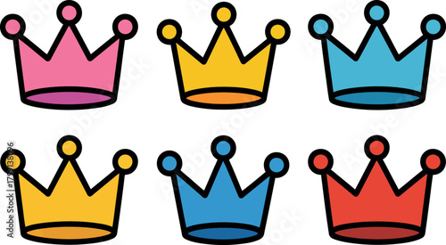 Set of colorful cartoon crowns, royal headwear vector design