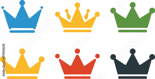 Colorful crown icon set with various styles, flat vector design