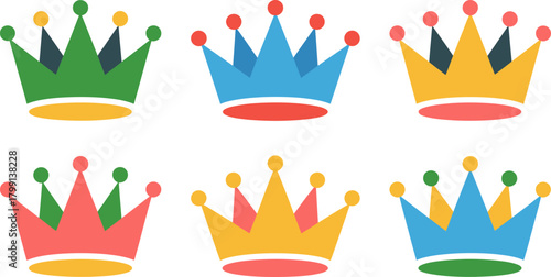 Set of six colorful crowns in flat design style, icon collection