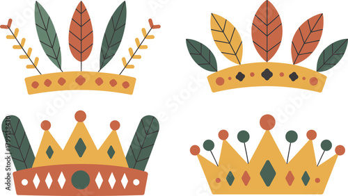 Set of four stylized crowns adorned with feathers and natural leaves.