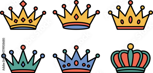Colorful cartoon crowns vector illustration design elements set.