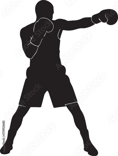 Dynamic boxer silhouette delivering powerful punch in athletic stance of combat sports