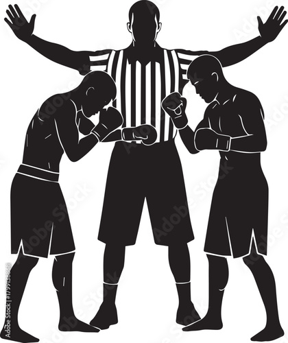 Boxing match referee signals end two boxers silhouette dramatic sport competition action