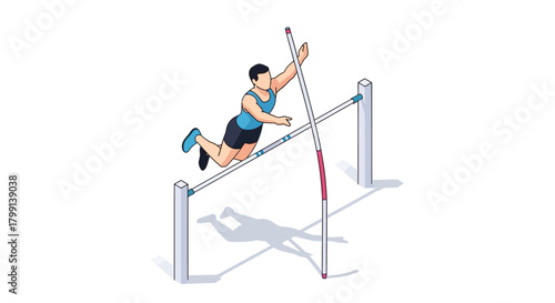 Isometric Pole Vaulting Athlete Illustration on White Background