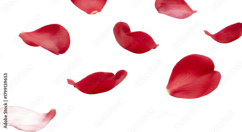Fototapeta premium Beautiful red rose petals gently floating against a clean white background, evoking feelings of romance and natural beauty