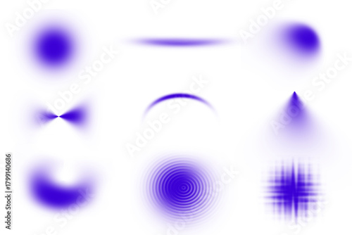 Set of isolated abstract ultraviolet light effects design elements glowing lines circles and shapes transparent background energy stream purple bright flash blur motion