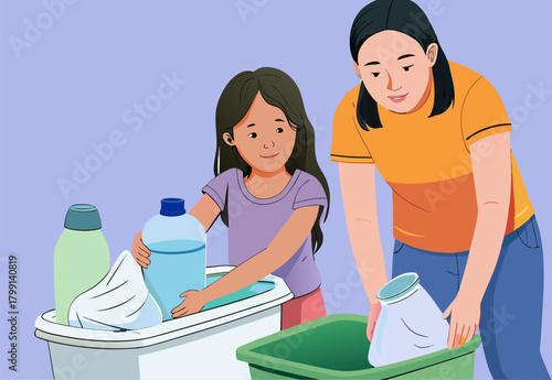 Mother Teaching Daughter Laundry Skills, Family Bonding at Home