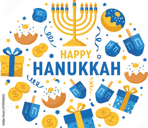Happy hanukkah greeting card isolated on with holiday symbols