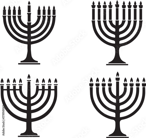 Four menorah silhouette isolated on, jewish candle holder