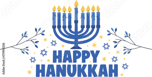 Happy hanukkah greeting card isolated on, menorah and stars