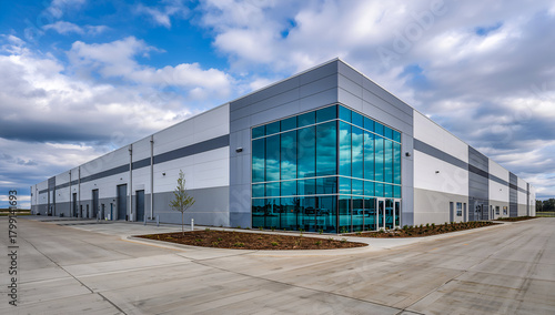 Modern industrial warehouse building with glass facade and cloudy sky
