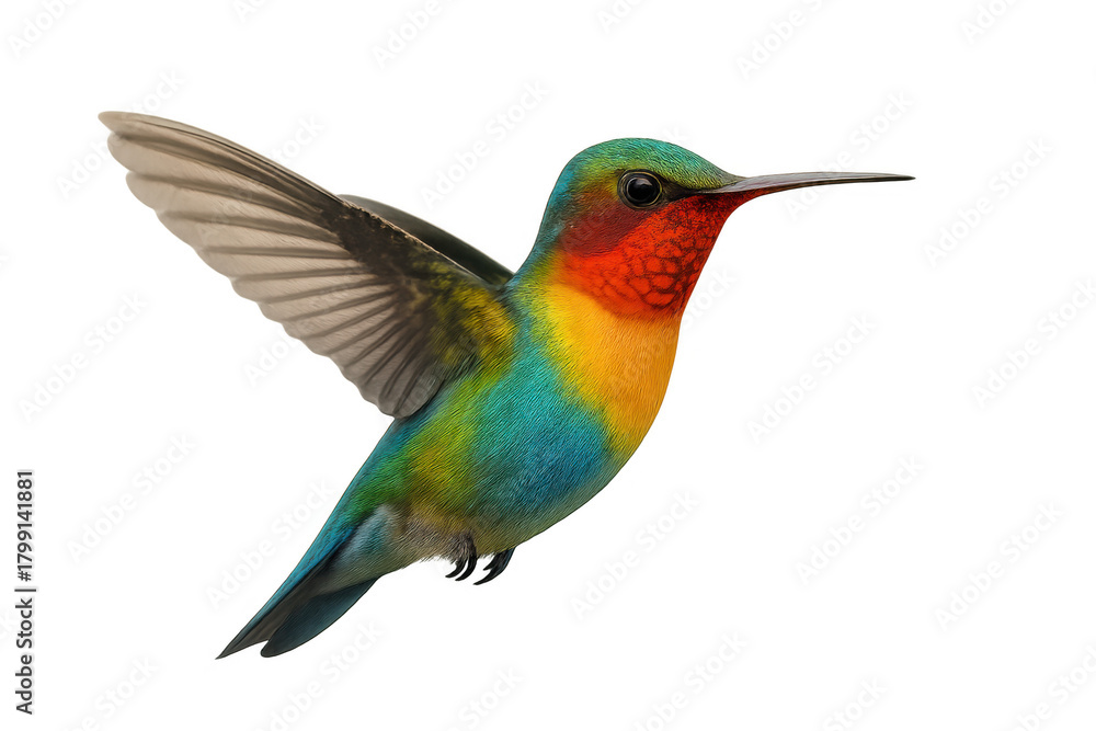 Fototapeta premium Hummingbird flying with vibrant red, yellow, and green plumage, hovering in graceful motion on a transparent background
