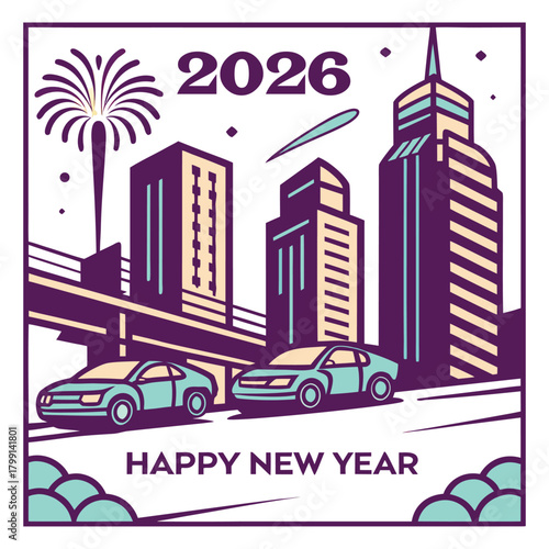 Futuristic cityscape at midnight with explosive fireworks display