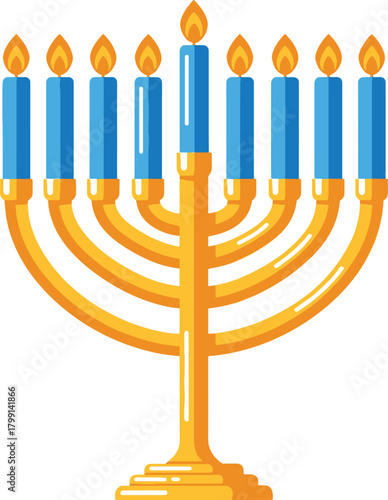 Illustration of a golden hanukkah menorah with nine blue candles on white