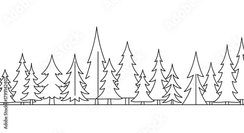 A simple black and white illustration of a forest with many evergreen trees drawn in a dashed line style.
