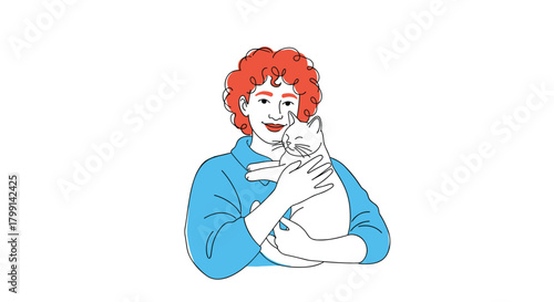 A person with curly red hair in a blue shirt is holding a white cat.