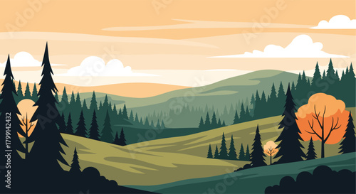 Pixel art landscape of rolling green hills and a serene forest under a warm orange sky.