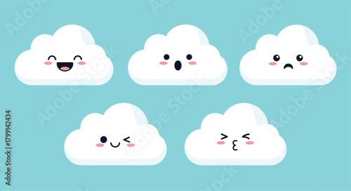 An assortment of cute cartoon clouds displaying various expressive emotions on a clear blue sky background.