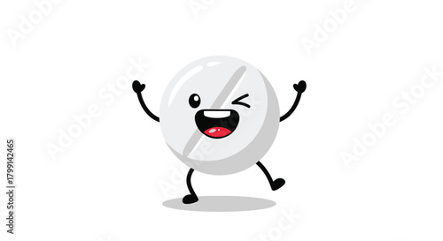 A happy cartoon pill character dancing joyfully with its arms raised.