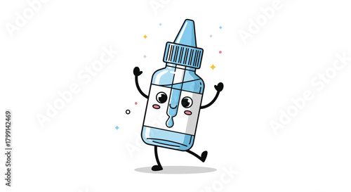 A cute cartoon eye drop bottle character dancing joyfully with sparkles around it on a white background.