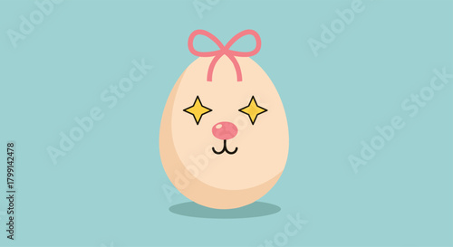 A cute easter egg with a pink bow and sparkling eyes on a light blue background.