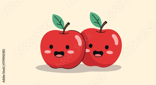 Two cute cartoon apples with happy faces and leaves stand side by side.