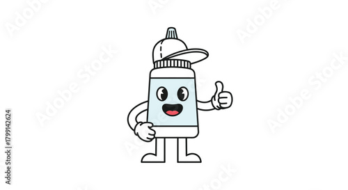 A happy water bottle character giving a thumbs up to promote hydration and healthy living.