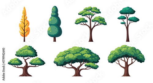A collection of pixel art trees with varied shapes and foliage designs.