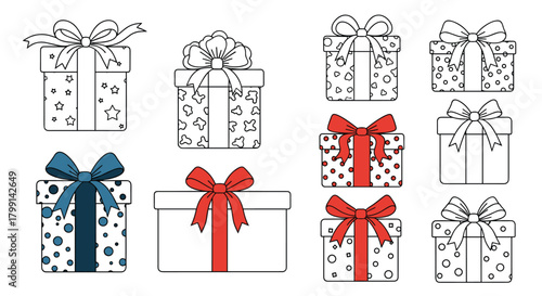 A collection of festive gift boxes with varied patterns and ribbons for special occasions.