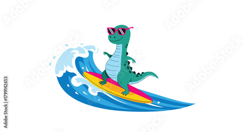 A cute cartoon dinosaur wearing sunglasses enjoys surfing on a surfboard on a large wave.
