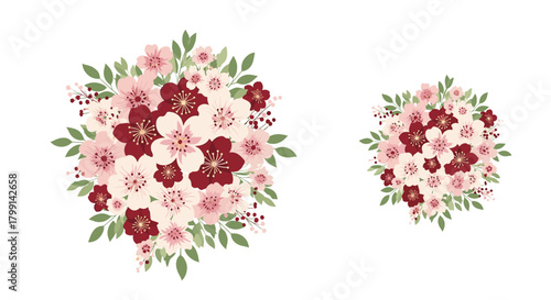 Beautiful arrangement of pink and deep red flowers with green leaves in a circular pattern.
